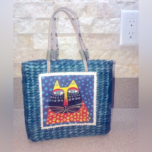 Sun N’ Sand teal turquoise blue basket weaved purse w/Cat art on front BoHo VNTG - Picture 1 of 8